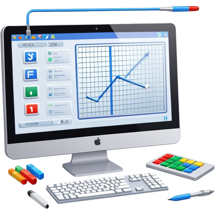 Emoji for Game Design: computer screen with Professional game development interface, 3D models, pixel art and design tools like grid, wireframe, and stylus. Symbolizes the technical and creative process of game development. Transparent background. emoji