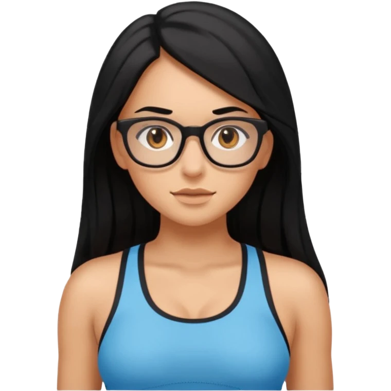 girl with long black hair, brown eyes, medium size breasts, wearing glasses and working out in the gym emoji