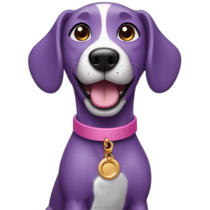a purple dog with a brown nose and a pink collar with a bone happy  emoji