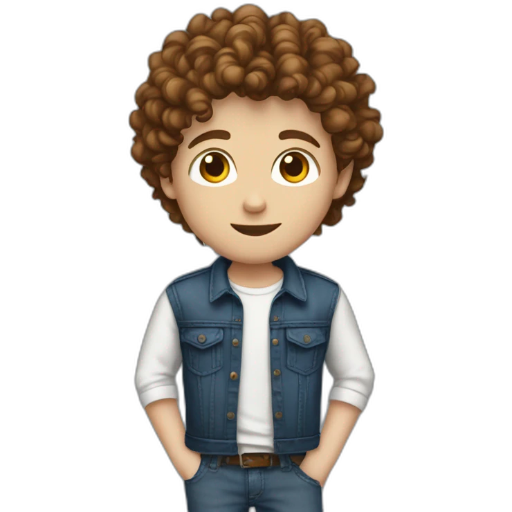 white boy with short brown messy curly hair wearing a white shirt, a dark blue jeans PixelartFSS emoji