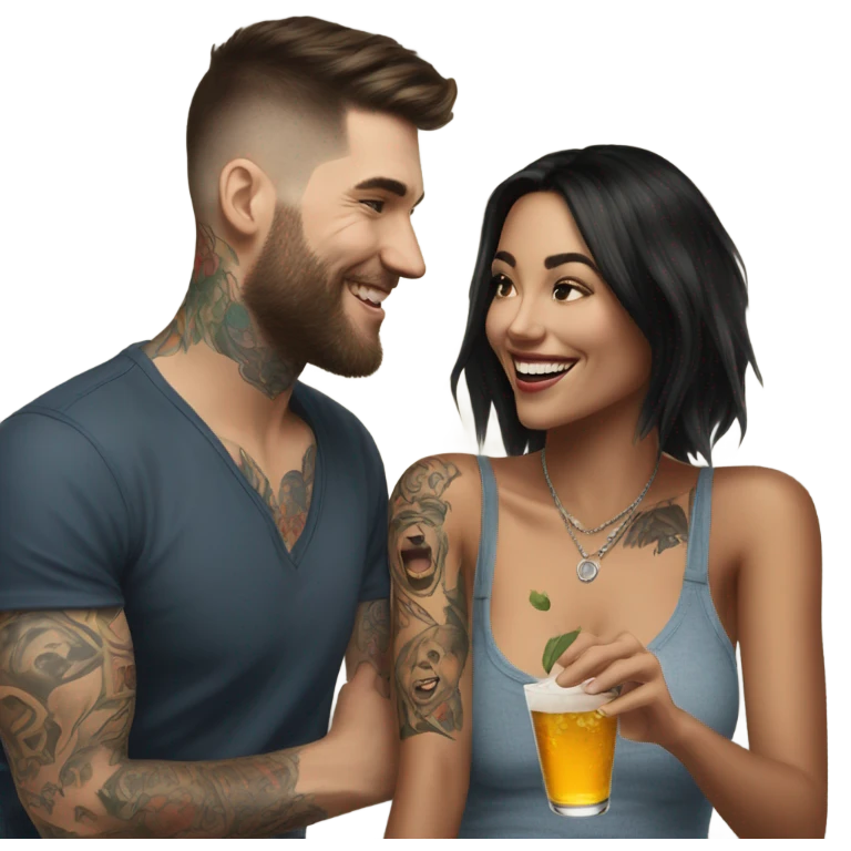 Photo Female model smiling at a very handsome tattooed man drinking  emoji