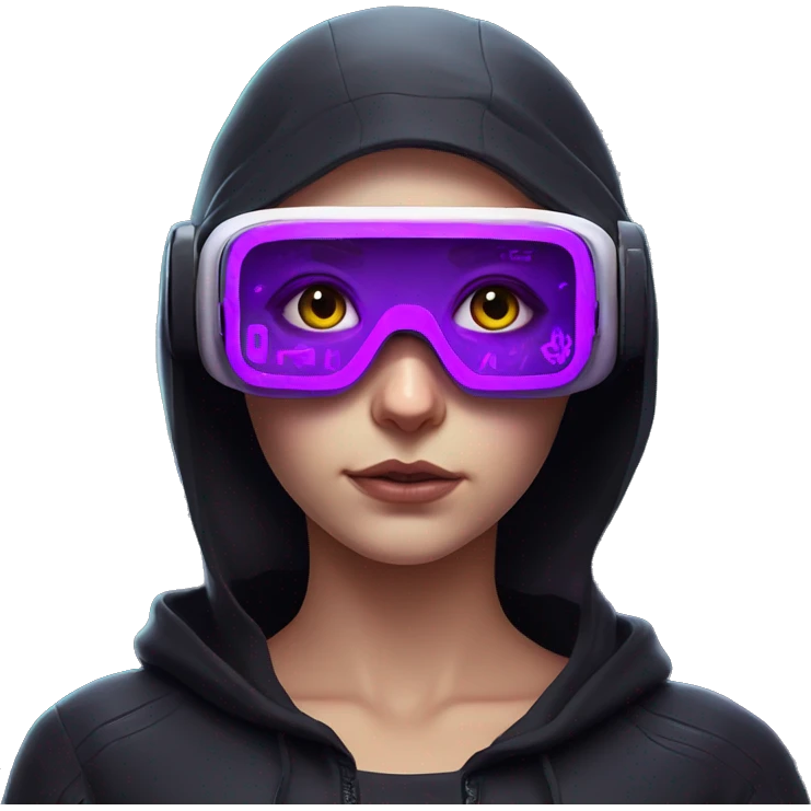 Russian girl wearing black hoody with violet letters "OMG", in vr headset. Cyberpunk style. Violet neon. emoji