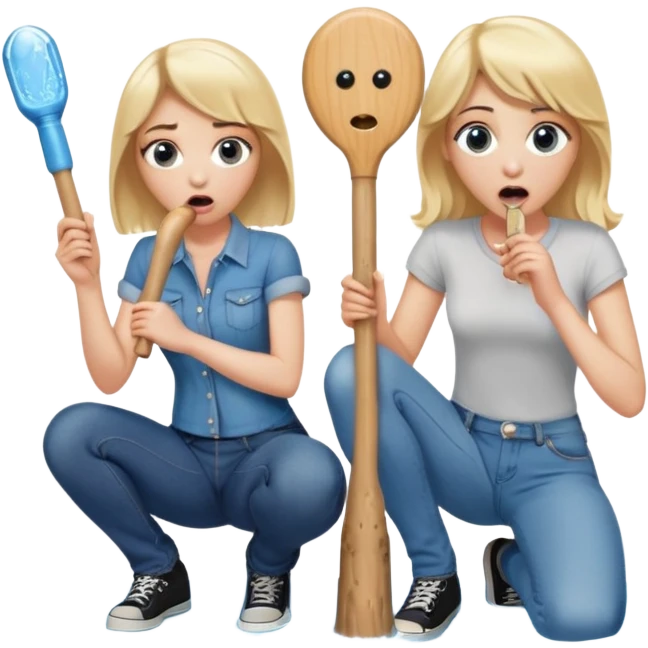 blond woman sitting on her knees with wide eyes, another man in jeans stands on her left, she's holding a wide skin-colored stick with a D-shaped knob, the stick and the nob have skin texture, water squirting from the knob into her mouth, shocked face emoji