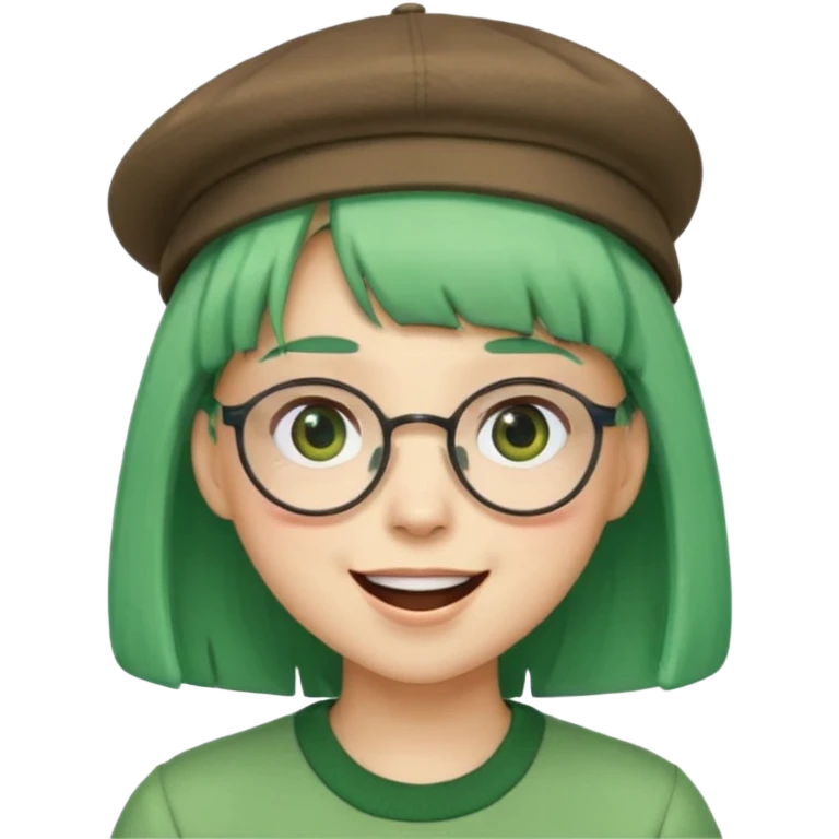 bangs, cute hat, green hair very happy and glassess emoji