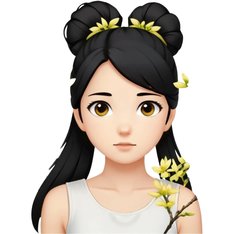 A girl with a high ponytail, a black hair tie, and a sleeveless white top, surrounded by blooming forsythias. emoji
