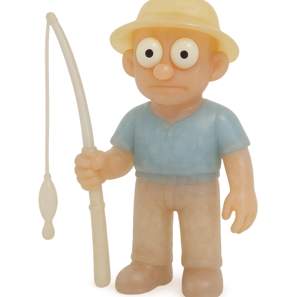 Make the fisherman even more transparent, ensure the whole body is visible, and make the eyes derpy with large white eyeballs and small black pupils looking in different directions. Maintain the style of a full-body, retro 90's toy that is very transparent and slightly see-through, with natural tan skin, blue shirt, yellow hat, pants, noticeable fishing pole, soft plastic texture, soft reflections, soft and squishy feel, some cloudiness, not shiny, highly detailed, and appealing. No tag and no background. The style is retro 90's toy with soft plastic texture and transparency. emoji