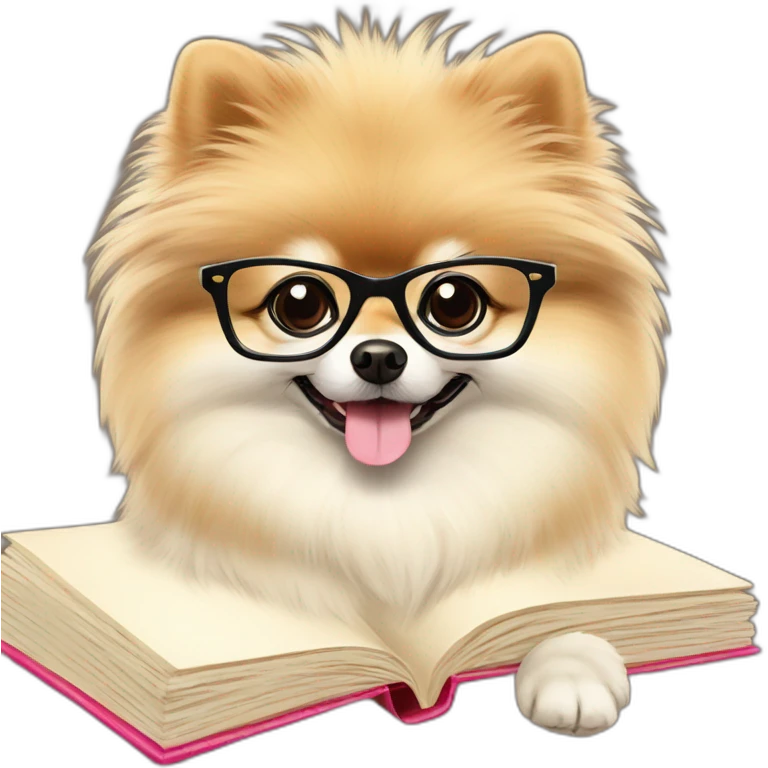 Smart cream color pomeranian dog in glasses and with book emoji