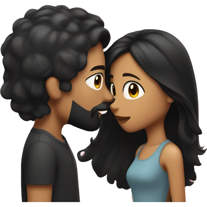 Medium skinned toned short bearded man with black hair kissing medium skin toned girl with black long hair emoji