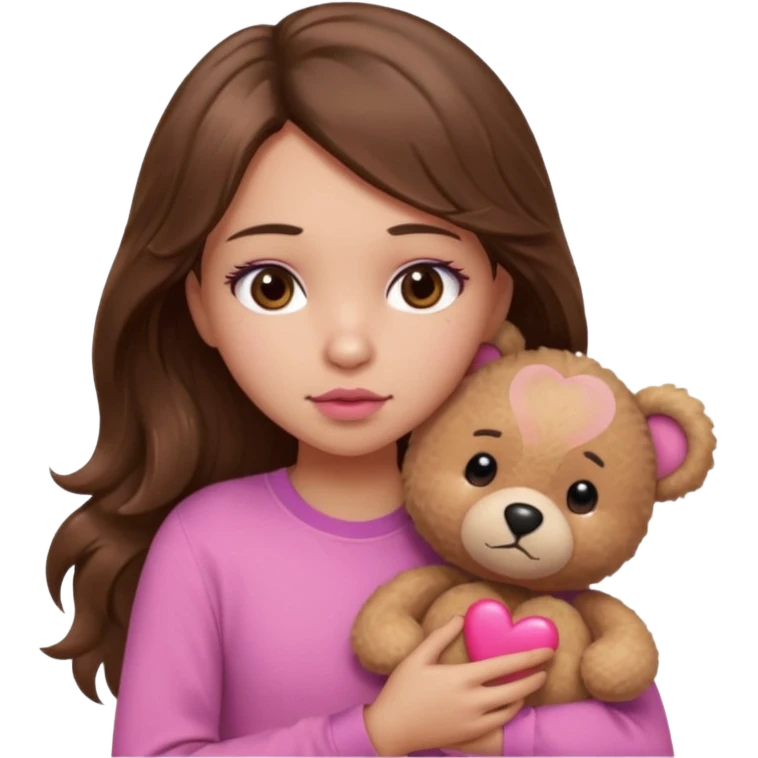 girl with long wavy brown hair, brown eyes, light to medium complexion, in a pink shirt, pink lips, long lashes, sad, hugging squeezing  a teddy bear with hearts emoji