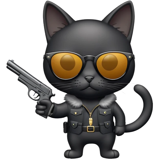 black cat with sunglasses and a gun emoji