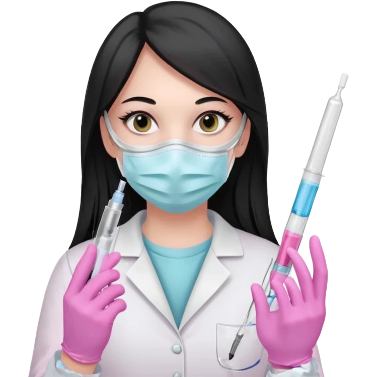 laboratorista con guantes rosa pastel y mascarilla rosa pastel jeringa tubo laboratorio sin lentes pelo lacio negro y largo emoji