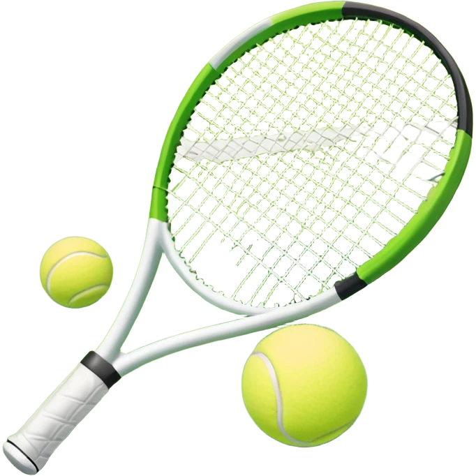 A tennis racket and a ball placed on a grassy court, with the net visible in the background. The scene captures the elegance and energy of the sport, with a vibrant green court and soft sunlight highlighting the equipment. emoji