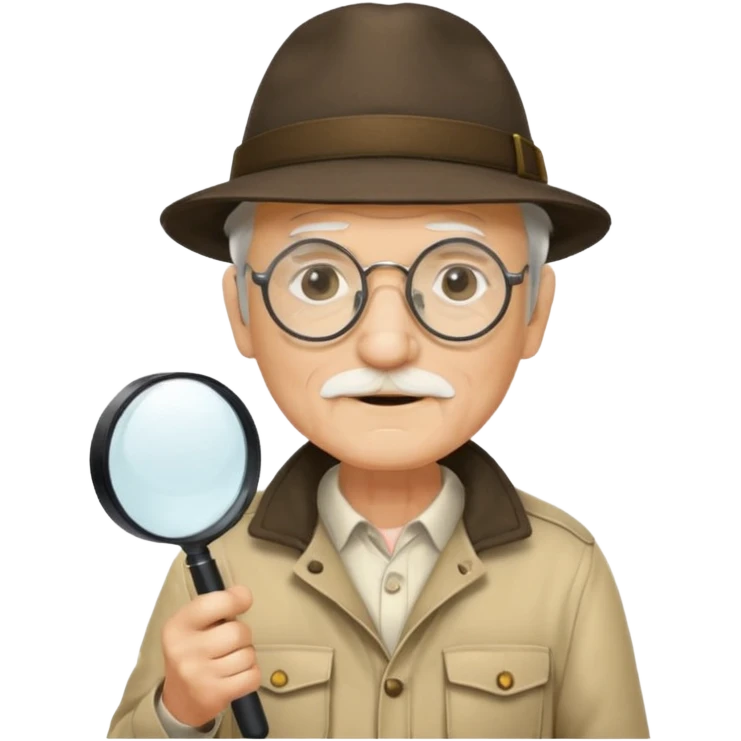 old man in beige explorer outfit, wear black glass, hat, holding magnifying glass emoji
