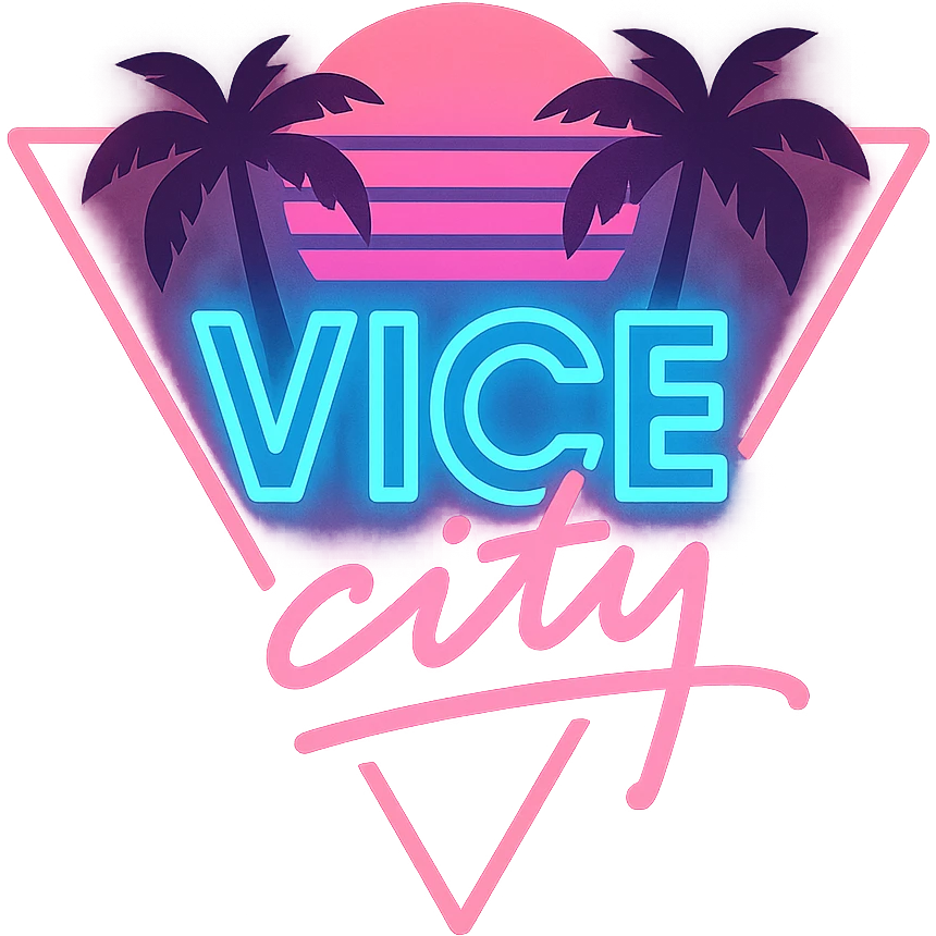 Vice City style logo, neon light pink and blue, 80s retro, palm silhouettes, glowing effect emoji