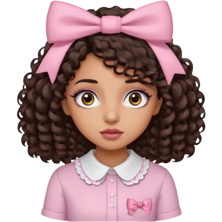 Do a Curly haired girl with dark brown hair, brown eyes, medium tan skin, big eyes and big lashes, with thin lips and add a shirt with a bow emoji