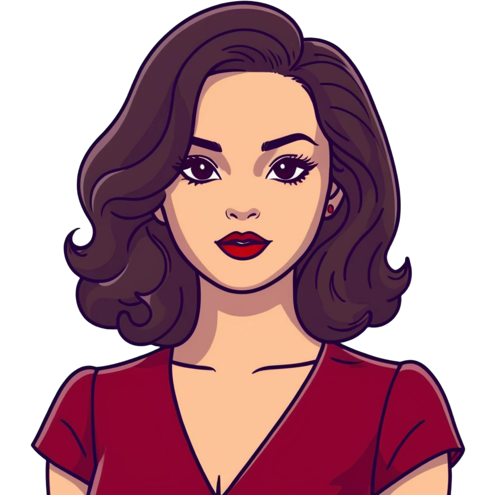 High-profile artistic woman with radiant complexion, long voluminous dark hair with soft waves, large almond eyes with bold eyeliner, defined brows, glamorous red lipstick, wearing sophisticated wine red velvet dress with V-neckline, elegant confident expression emoji