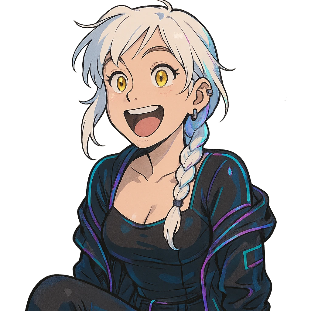 she making a emphatically happy excited facial expression, a closeup portrait of young woman with gold yellow eyes, white hair, long braid, black off-shoulder top d-cup, punk gothic style, futuristic cyberwave cyberpunk, sitting position emoji