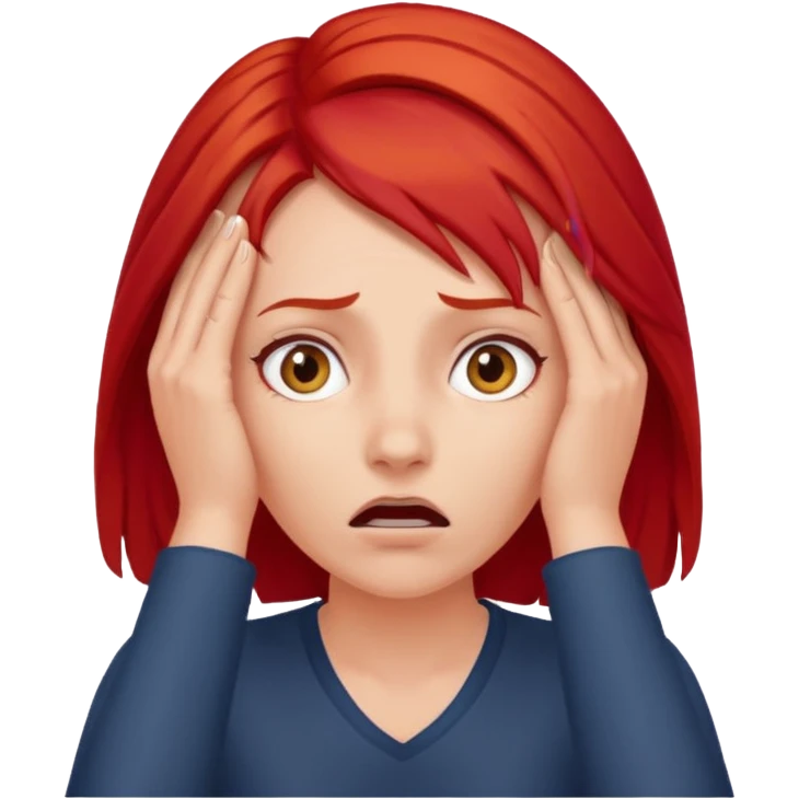 A realistic waist-up portrait of a frightened woman with her hands on her head and red hair emoji
