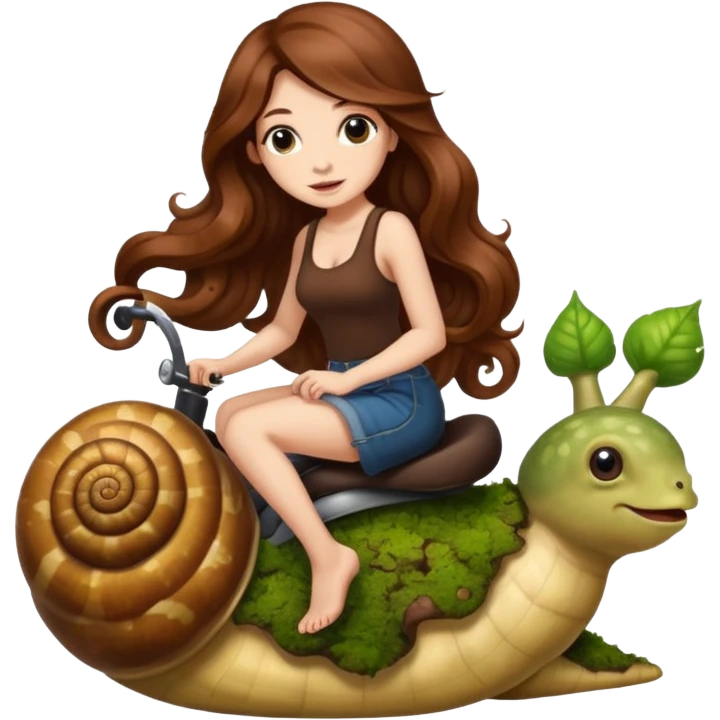 cute woman long wavy brown hair tattoos riding moss snail emoji
