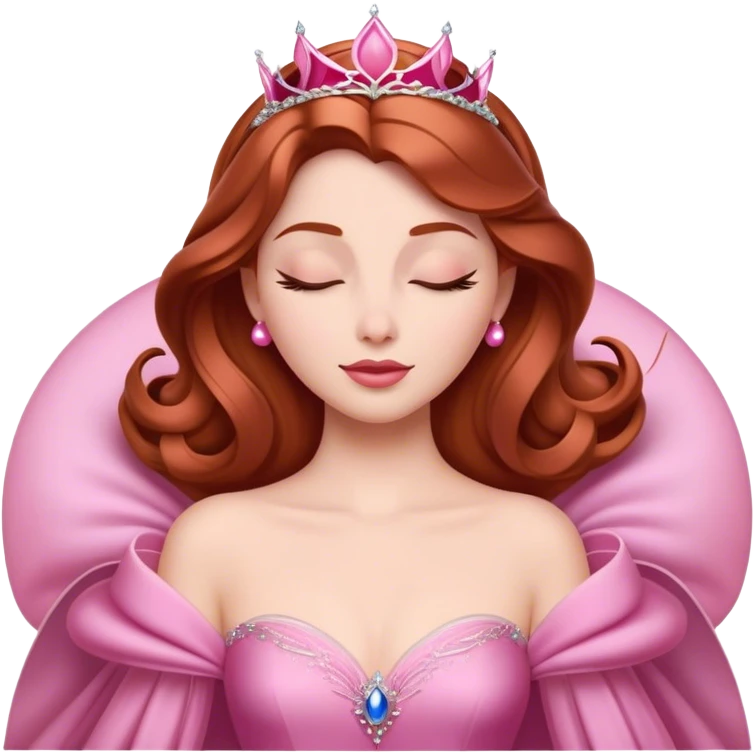 Cinematic Majestic Sleeping Beauty Portrait Emoji, rendered in a clean, vector-style with bold, simplified shapes. Show Aurora with a serene, noble expression, luminous porcelain skin, and elegantly flowing auburn hair, dressed in an opulent pink ball gown. The design radiates a majestic, enchanted glow with high shine and a soft glowing outline, embodying classic royal elegance. emoji