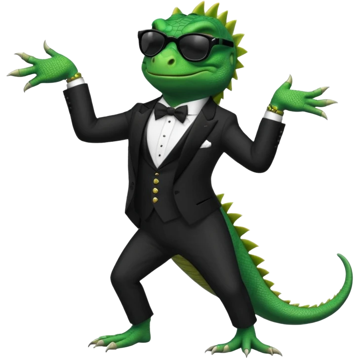 capitalist iguana banker in tuxedo and black sunglasses dancing crazy emoji