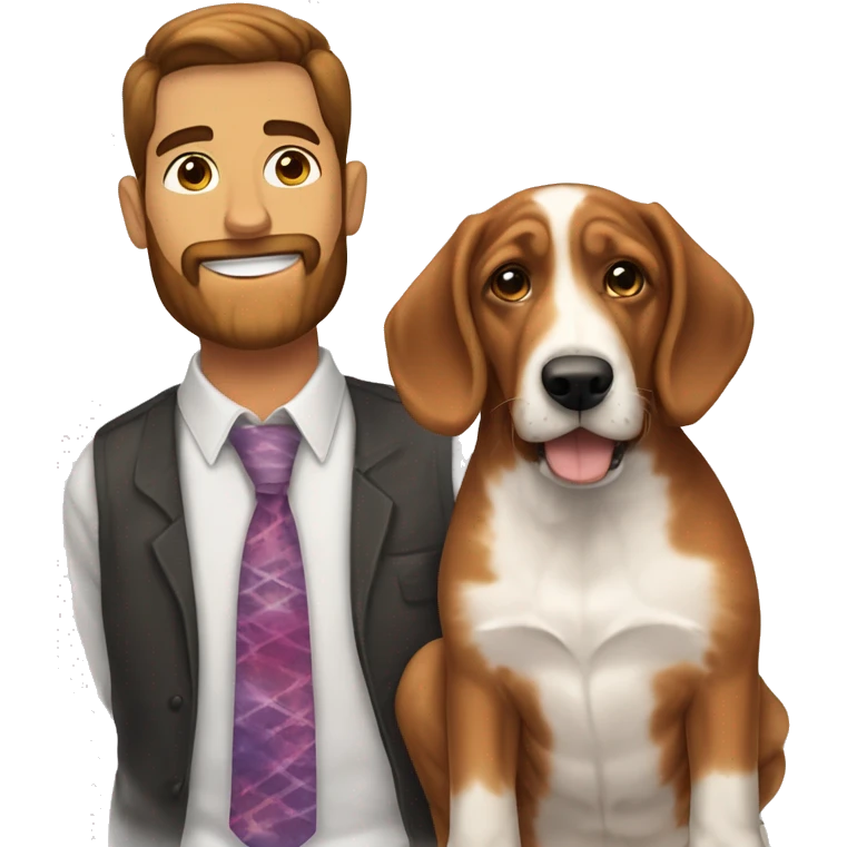White male with short dark brown hair and reddish brown beard wearing a tie-dyed shirt holding one mostly brown Bassett hound female puppy  emoji