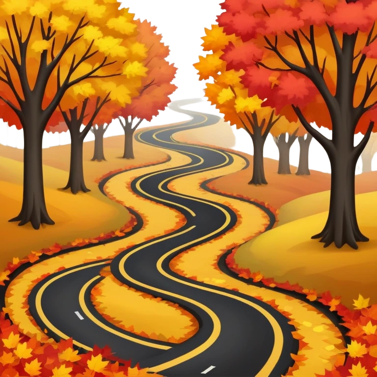 A winding black road through a path of autumn colored trees emoji