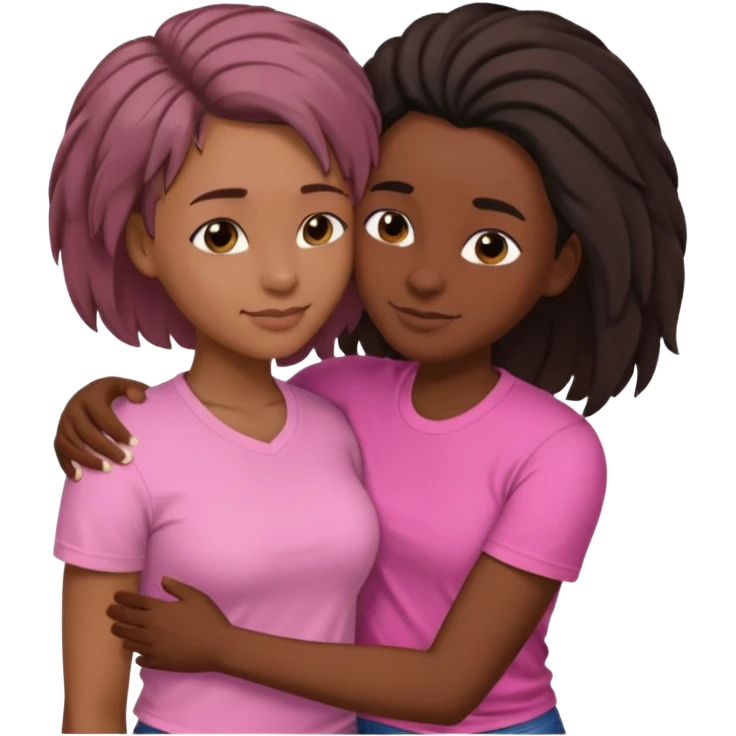 Black lesbian couple with one dark skin masculine with short hair low cut fade with a t shirt and one feminine with very long hair in a pink blouse hugging  emoji