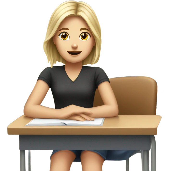A white girl with a raised hand at a desk at school  emoji