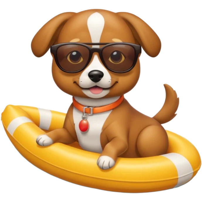 Dog in a floaty with sunglasses in the beach ￼ emoji