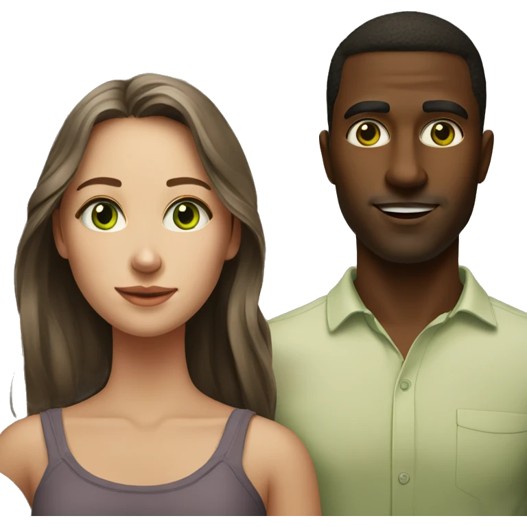 realistic portrait of a couple, the girl with green eyes, the man with brown skin emoji