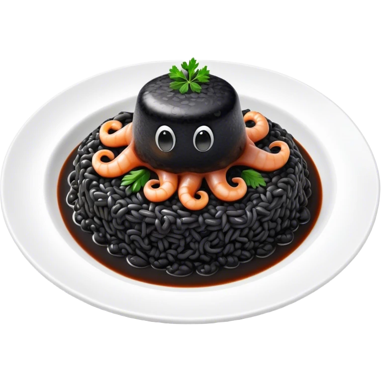 Cinematic Realistic Black Risotto Dish Emoji, showcasing a rich squid ink-infused risotto rendered with bold textures and dynamic, dramatic lighting. emoji