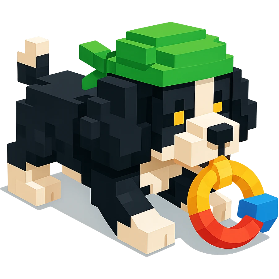 A black and white Russian Cocker Spaniel puppy wearing a green durag, voxel style, playing with a toy emoji