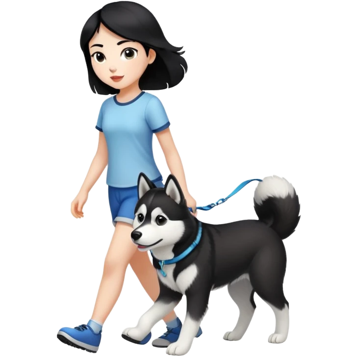 A black-haired girl walks a black and white husky emoji