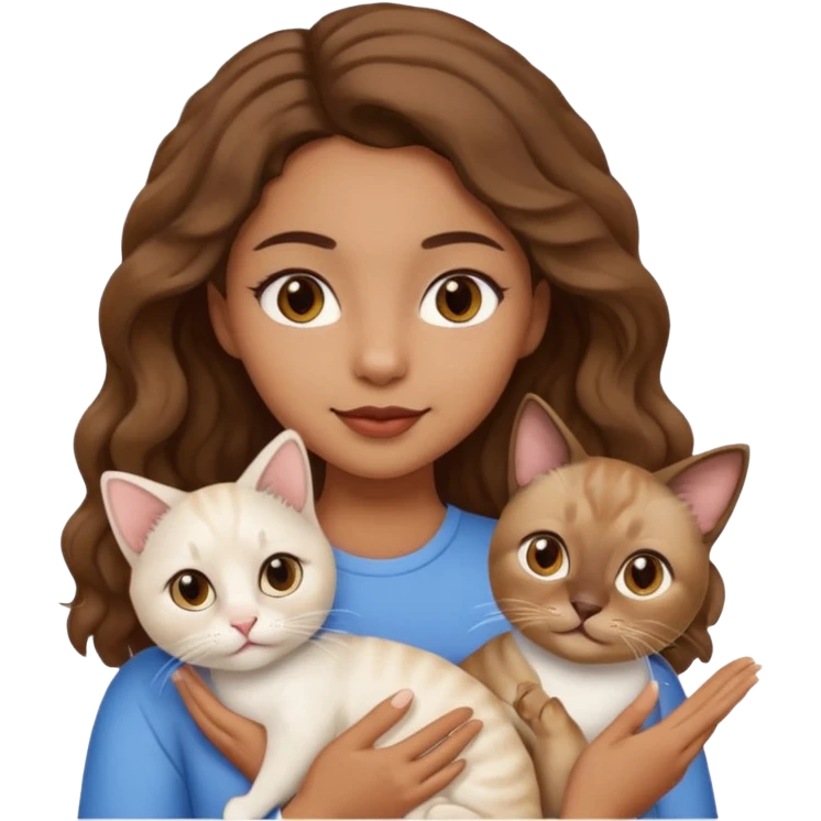 brown girl with brown eyes, wavy hair, holding a siamese cat and a white cat, emoji style emoji
