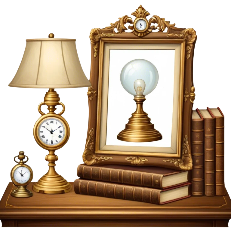 Icon for Antiques Collecting: antique furniture , a vintage pocket watch, an old ornate lamp and a porcelain figurine, all placed on a wooden antique table surrounded by aged books and a magnifying glass. The icon should evoke the elegance and history of antique collecting. Transparent background. emoji