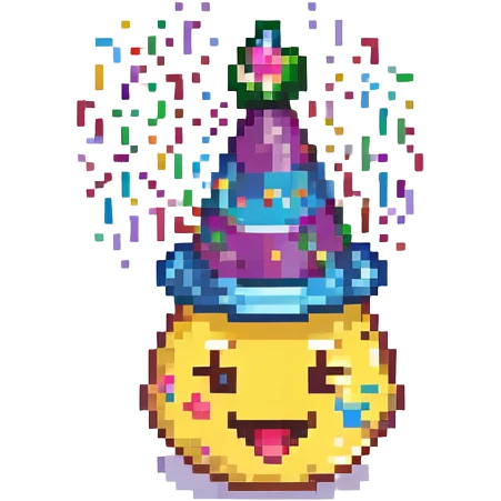 emoji celebrating with party hat, confetti, fun, pixel art style emoji
