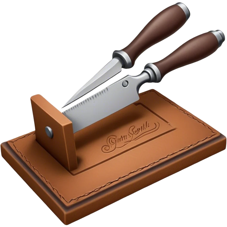 Leatherworking icon, big piece of raw leather with started engraving, engraving tool or chisel, stamp and press, textured surface, minimalistic style, clean lines, transparent background. emoji