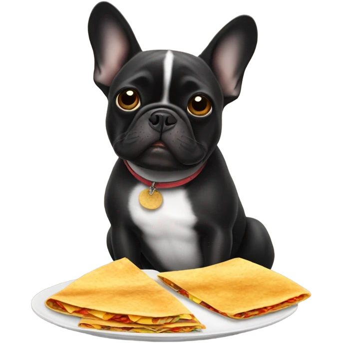 a black french bulldog eating some quesadillas emoji