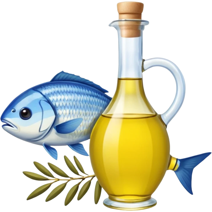 Mediterranean cuisine humanless avatar in clean emoji-style illustration. Olive oil, fish, lemon, blue and sunny colors, light and fresh mood, flat design, high contrast. emoji