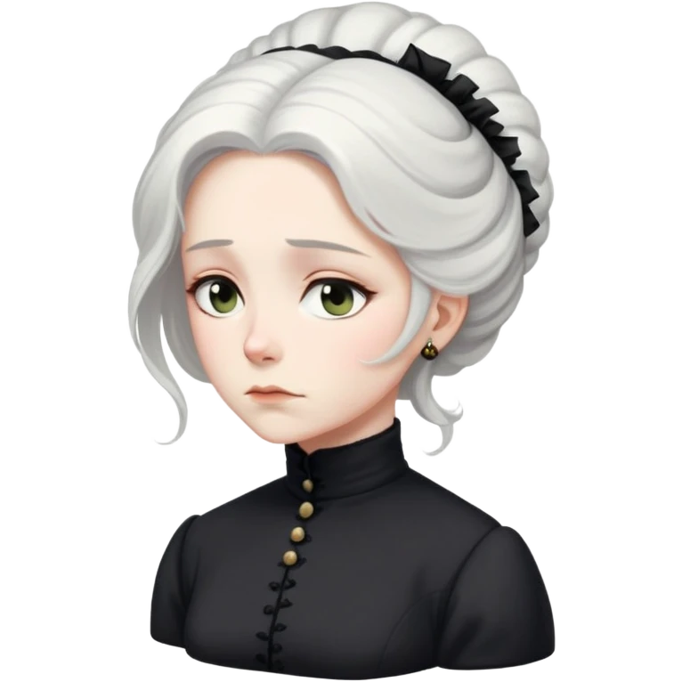 A Victorian woman with elegant coiffed white hair and light eyes wearing a modest unadorned black turtleneck mourning dress looking down with a forlorn expression emoji