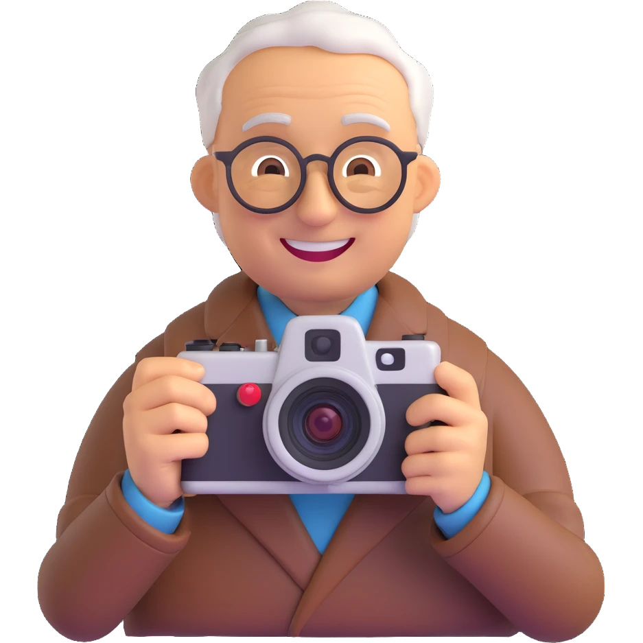 3D smiley emoji, round shape, grandfather with old camera, brown color, smiling face emoji