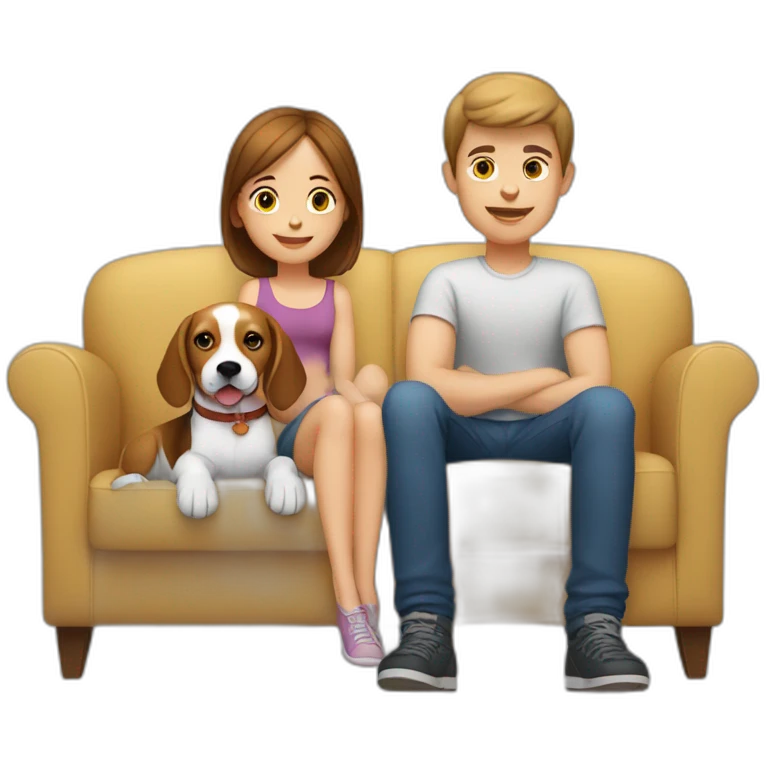 Brown hair White boy and girl and beagle Sit on couch emoji