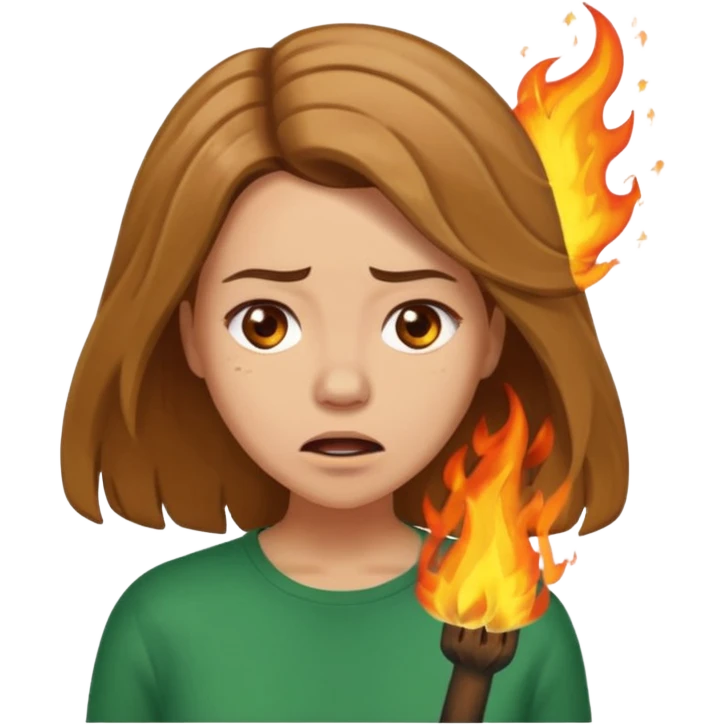Woman with hair on fire looking stressed and panicked with brown shoulder length hair—longer hair please and light skin—an Irish gal emoji