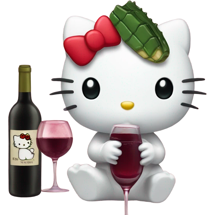 Hello Kitty drinking red wine and eating crocodile emoji