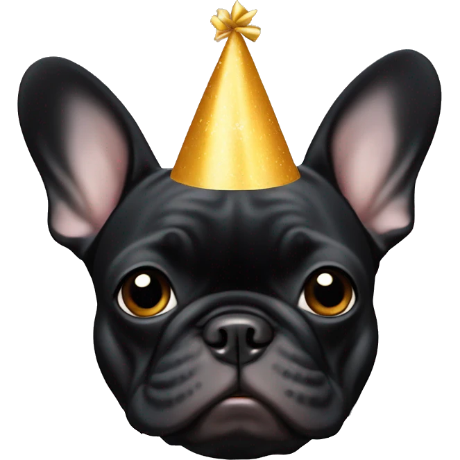 an all-black French bulldog with a white breast in a birthday cap emoji