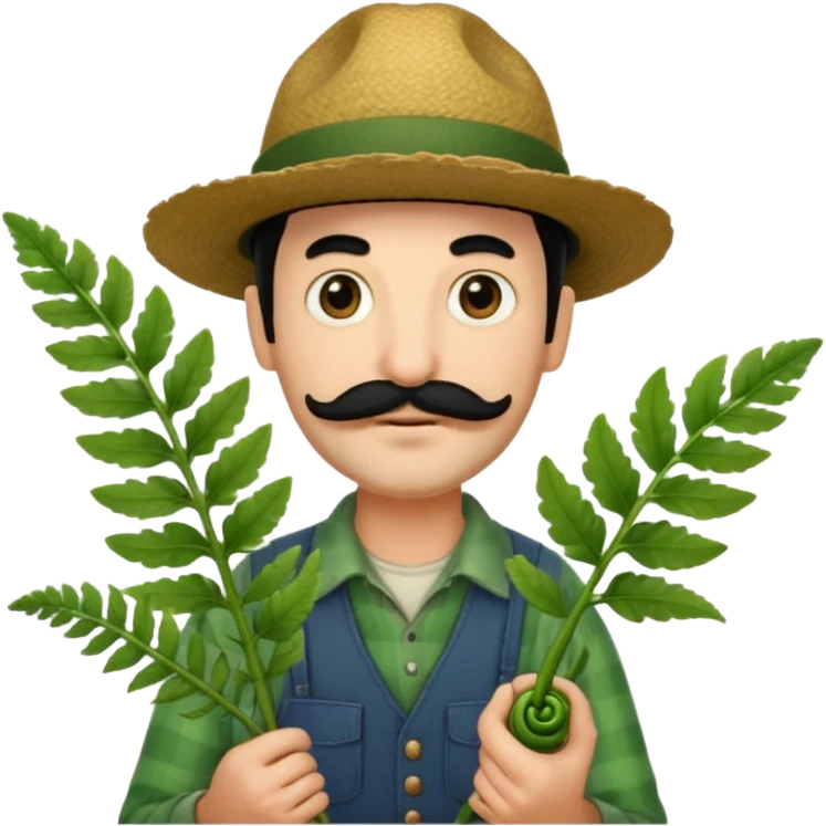 farmer emoji with a hat, black hair, moustache, and light beard, holding a single large fiddlehead fern, based on the attached reference photo emoji