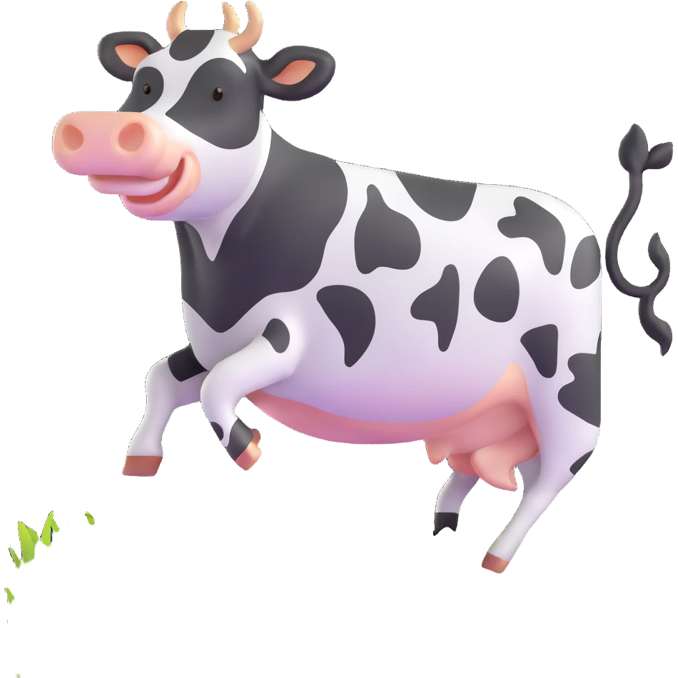 black and white cow jumping in a grass field emoji