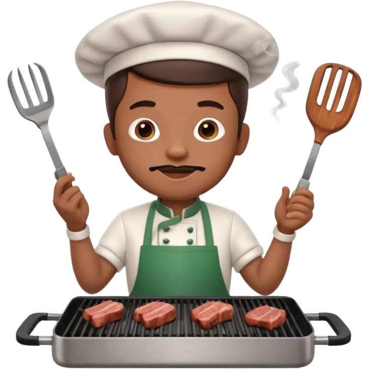 A 3D cartoon cook flipping meat on a grill with tongs, gentle smoke effect, Memoji-style lighting. emoji