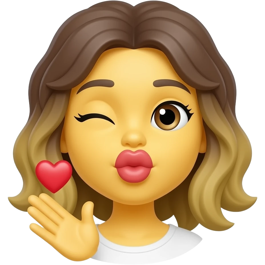A yellow emoji face pucking their lips and winking one eye while positioning their hand by their mouth to blow a kiss, followed by a small red heart next to the face near the hand emoji